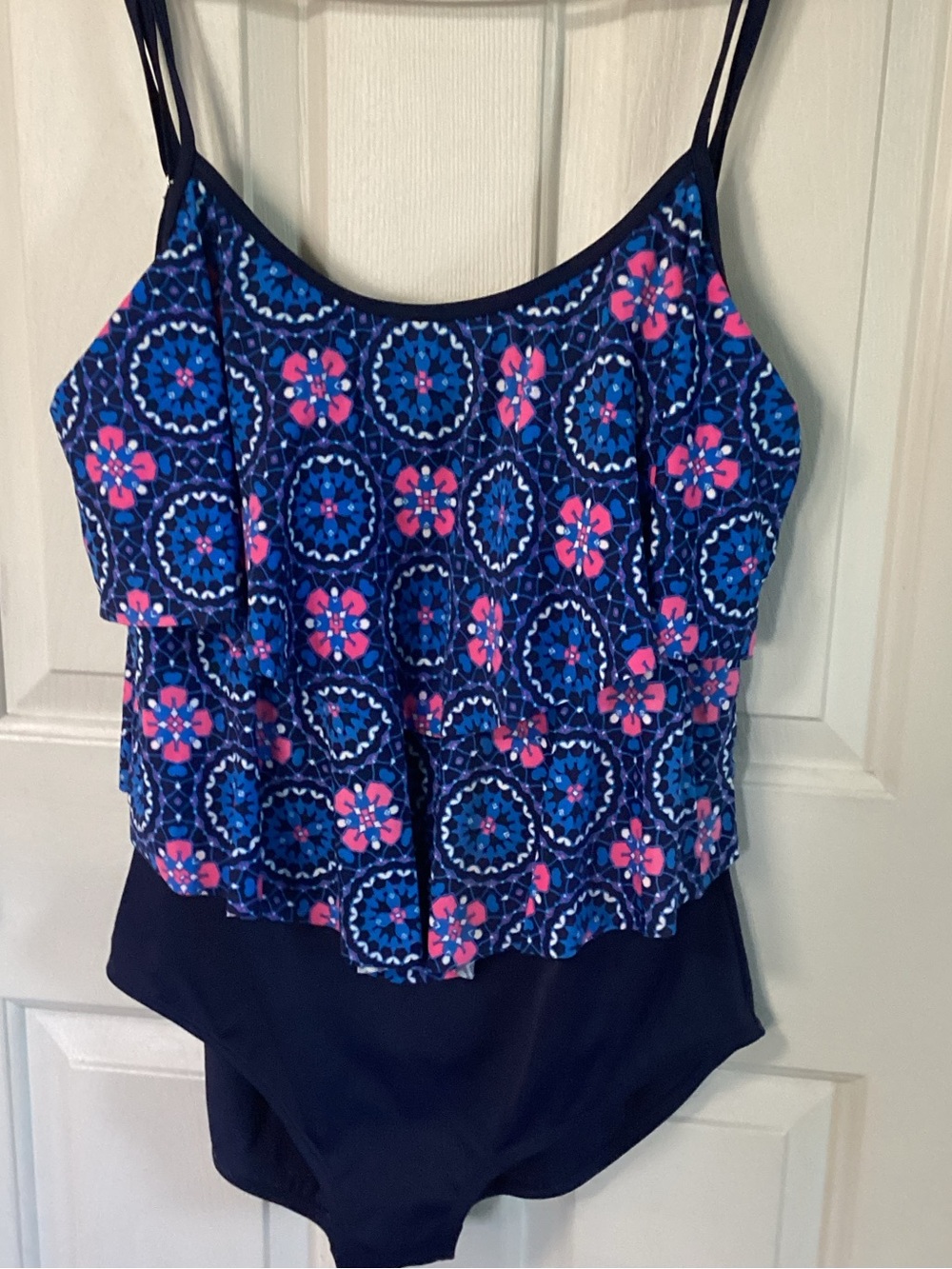 Navy Blue & Pink Patterned One-Piece Swimsuit